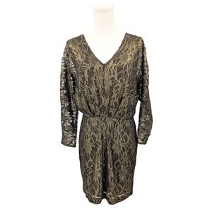 Trina Turk Women's Metallic Lace Dress Black Gold V-Neck‎ Cocktail Party Size 4